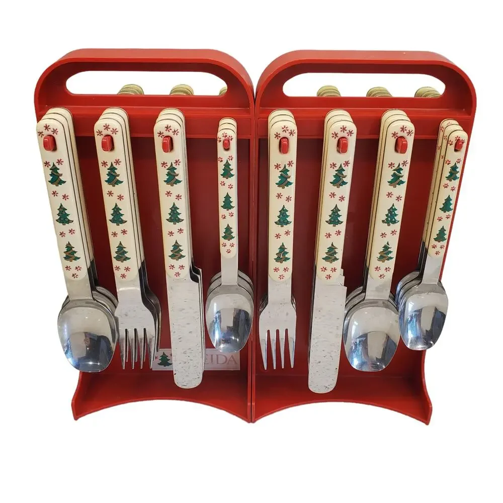 Oneida Holiday Colormates 46 Piece Set Plus Portable Caddy Christmas Flatware